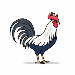 Cartoon rooster with red crest stands on plain white background
