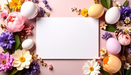 Spring celebration colorful easter eggs and flowers floral arrangement soft pink background flat lay joyful and festive vibe