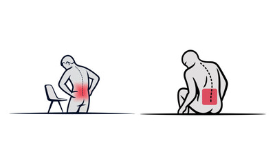 Back pain icon set with spine injury illustrations and red highlight for medical symptoms
