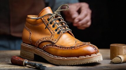 Leather Craftsmanship: A close-up shot showcases the artistry of handmade leather footwear, highlighting the meticulous detail and skill involved in the shoemaking process. 