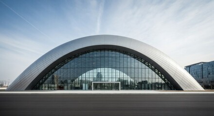Obraz premium Modern architectural structure with large curved roof and glass facade