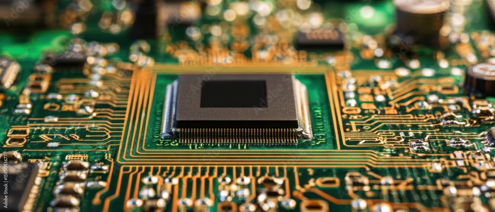 Poster the intricate microchip on a vibrant green circuit board highlighting advanced technology.