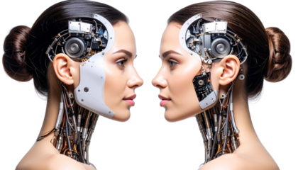 dual-faced portraits (half human, half machine isolated on transparent background.