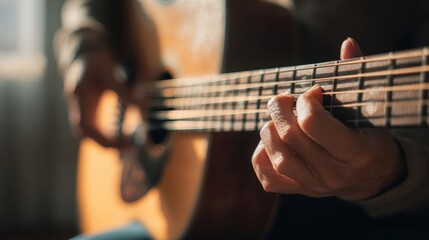 Fototapeta premium The musician playing an acoustic guitar in warm, natural light.