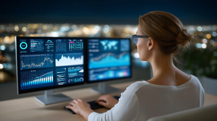 Young woman analyzing financial data on dual monitors