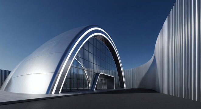 Modern and sleek architectural structure with curved lines and large windows