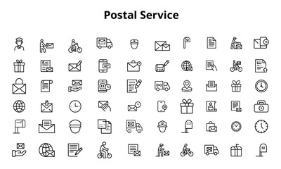 Postal service icon collection showing mail delivery, courier and logistics elements
