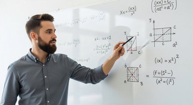 A bearded man explains mathematical equations and graphs on a whiteboard during a lesson or presentation.