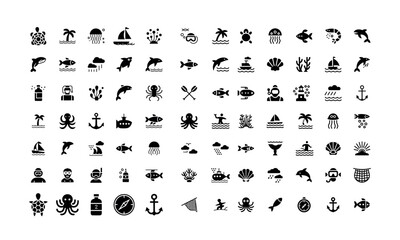 Nautical and sea travel icon pack with ocean, boat, fish, anchor and marine elements
