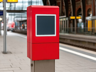  red emergency alarm box with a blank screen stands on a train station platform with blurred background of trains and station interior.