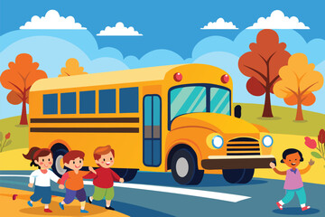 Vibrant illustration of cheerful children in an autumn landscape, excitedly heading towards a yellow school bus against a scenic backdrop with bright foliage, blue sky, and fluffy clouds.
