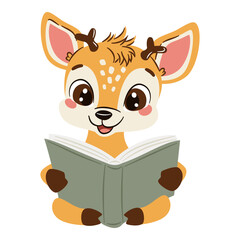Vector illustration in a simple children's style. Cute deer reading a book on white background. Vector illustration