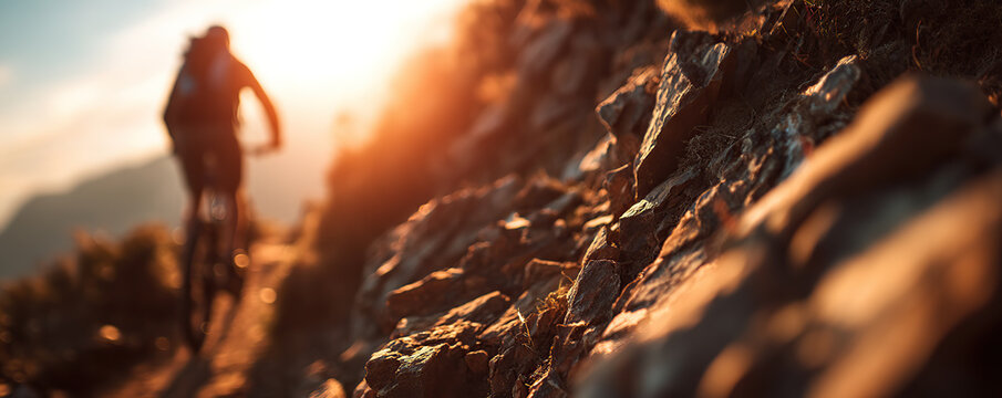 Mountain biking at sunset along a rocky trail with warm light illuminating the landscape and cyclist's silhouette