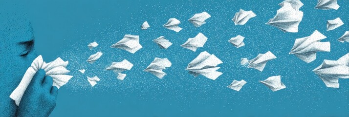 Tissues Flying in the Wind From a Person Sneezing in a Modern Illustration With an Open Left Side and Blue Background