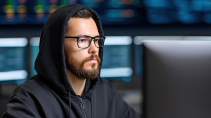  focused man wearing glasses and a hoodie works intensely on a computer in a dimly lit, tech-driven environment.