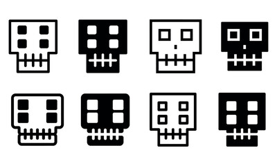 Pixel skull icon set in black and white style for halloween and spooky digital design
