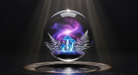 A glass orb containing glowing blue mushrooms and ferns with a galaxy inside on a dark background