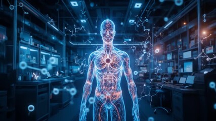 A high-tech laboratory with a holographic human body and molecular structures representing precise and targeted modern therapies for disease. 4k video - Powered by Adobe