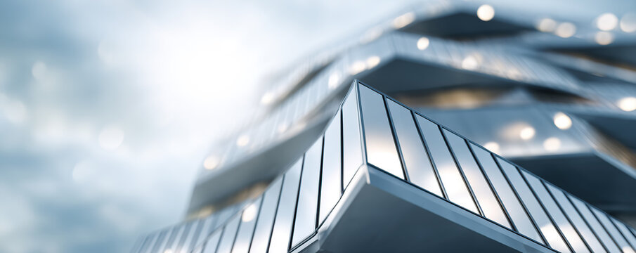Modern architectural design showcases unique angular patterns on a skyscraper against a bright sky