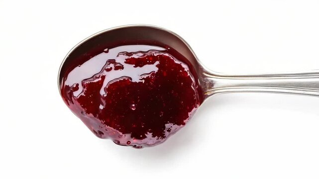 Spoon full of red fruit jelly, possibly raspberry or strawberry, with a natural, homemade look. Sugar-free and artificial ingredient-free.