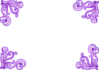 Frame. In each corner of the background there are patterns consisting of curls and rounded shapes. Different shades of purple and pink. Drawing with colored pencils and markers. White copy space.