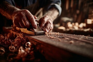 Close up of hands woodworking with hand plane in workshop
