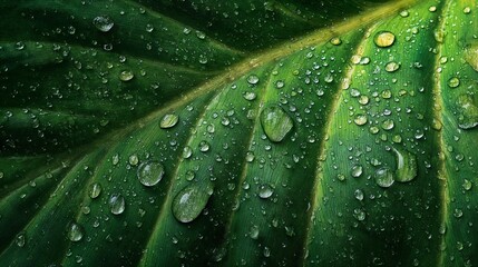 Detailed macro shot of a green leaf surface covered with fresh water droplets