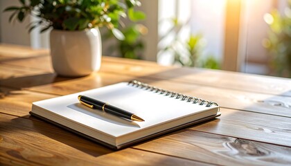 Empty notebook and pen on a wooden table. Sunlight