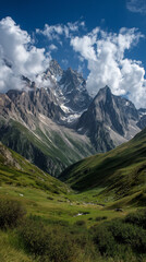 Obraz premium Alpine mountain range with snow peaks and green valley under blue summer sky.