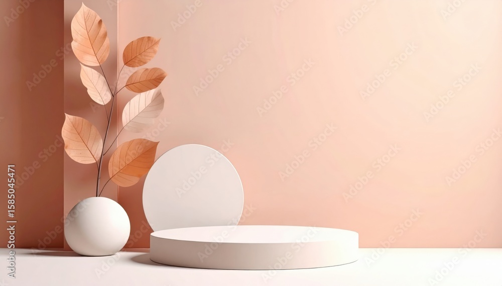 Poster decorative minimalist arrangement featuring soft leaves on circular display in bright studio setting