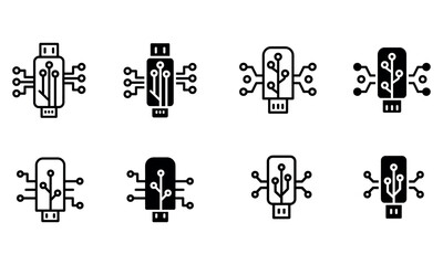 Usb flash drive icons with circuit connections for digital data transfer and technology concept
