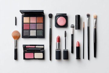 Flatlay of assorted makeup products including eyeshadow palette, blush, lipstick, mascara, and various brushes on a white background