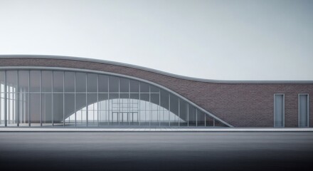 Obraz premium Modern curved building with large glass windows and brick exterior