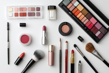 Flatlay of makeup products including eyeshadow palettes, lipsticks, blush, brushes, and a brow pencil on a white background