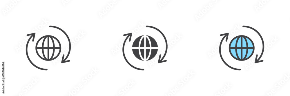 Aufkleber global rotation icon set in line, solid and filled outline style