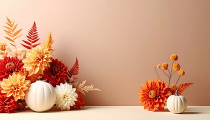 Autumn floral arrangement display indoor setting floral composition warm color palette close-up view seasonal decor inspiration