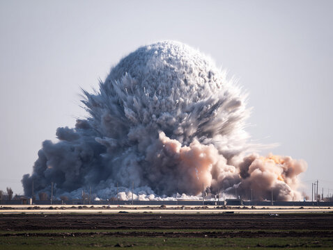 Explosion creating a large white cloud of smoke and debris