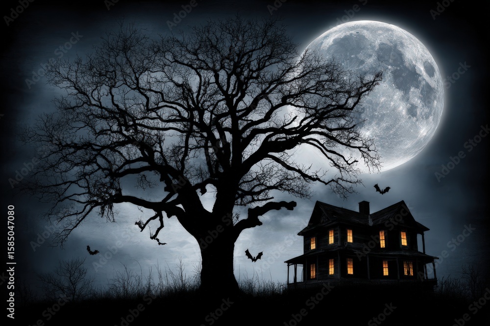 Poster enigmatic silhouette of a gnarled tree in front of an illuminated haunted house under a full moon ca