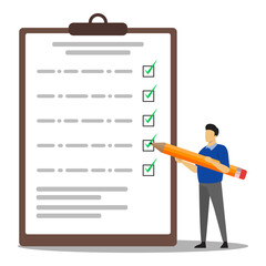 Businessman marks on the to-do list with giant pencil. Survey document. Checklist form for feedback or questionnaire pool. Flat vector illustration.	