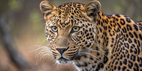 Naklejka premium Leopard Portrait Intense Gaze of a Spotted Hunter, Wildlife, Predator