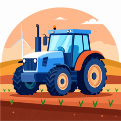 Obraz premium A vibrant vector illustration depicts a blue tractor in a field with sprouting plants, a windmill, and a colorful sunset sky, showcasing sustainable agriculture.