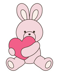かわいいうさぎのぬいぐるみのベクターイラスト。兔、アイコン、ハート、動物