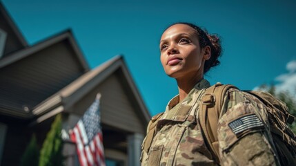 The resilient soldier standing proud in her military uniform by a family home.