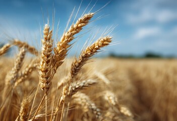 Fototapeta premium Golden wheat stalks stand tall against a vibrant blue sky, their ripe grains glistening in the sunlight, a vast field stretching to the horizon