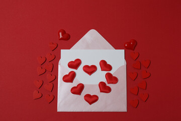 envelope, letter and space for text on red background