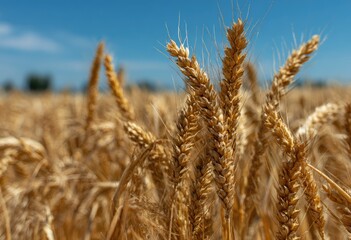 Fototapeta premium Golden wheat stalks, ripe and ready for harvest, stand tall under a vibrant blue sky in a sun-drenched field