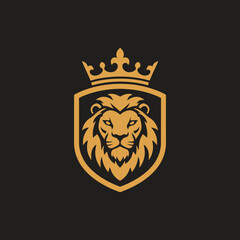 Fototapeta premium Detailed lion head in golden crest, symbolizing royalty, power, and leadership