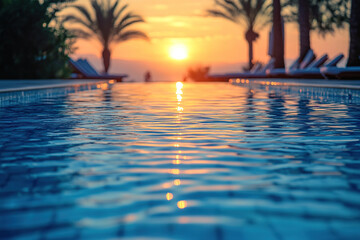 Fototapeta na wymiar Sunset at a tropical resort, view from the pool.