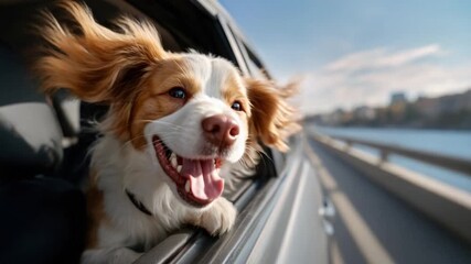 Joyful Canine Road Trip: A happy canine, ears flapping in the wind, embodies the freedom and adventure of a road trip, radiating pure joy with its beaming smile and a panoramic coastal backdrop. 