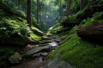 Obraz premium Sunlit forest stream winding through mossy rocks and lush green foliage creating a serene natural landscape